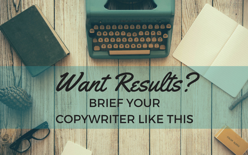Vintage typewriter on a desk. Text reads "Want results? Brief your copywriter like this"