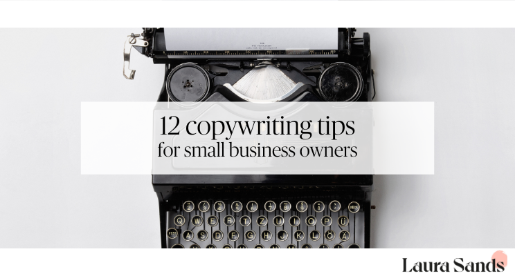 A black typewriter holding a blank piece of paper. There is a text overlay which reads "12 copywriting tips for small business owners"