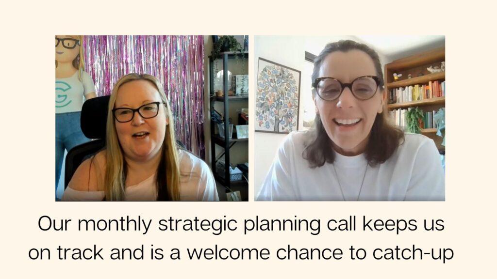 A screenshot of a monthly copywriting retainer calls. Laura Sands and Susan Walsh are talking to each other. They are both smiling.